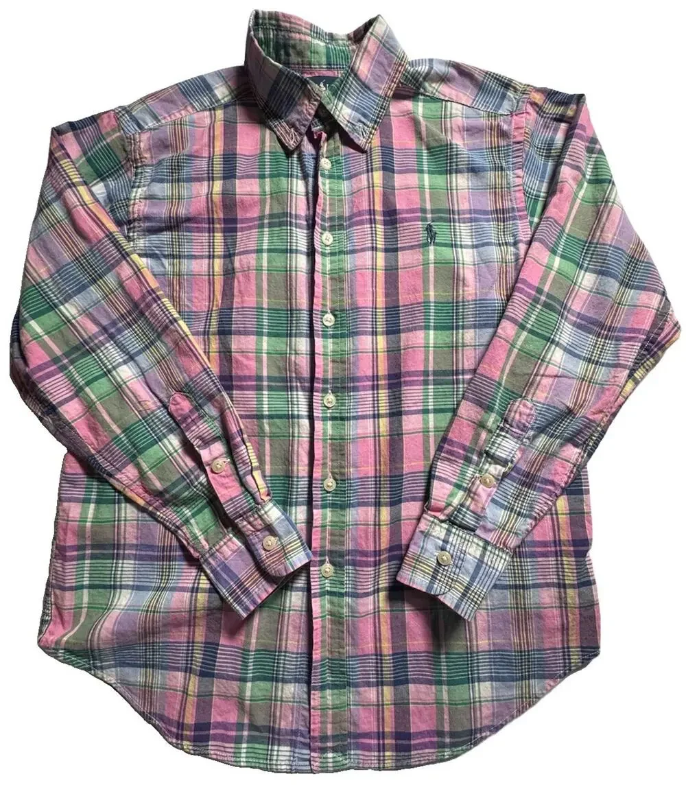 Ralph Lauren Boys M 10-12 Pink Green Plaid Button Front Shirt Pony Logo